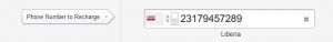 section where you add number for recharge, with Liberian phone number